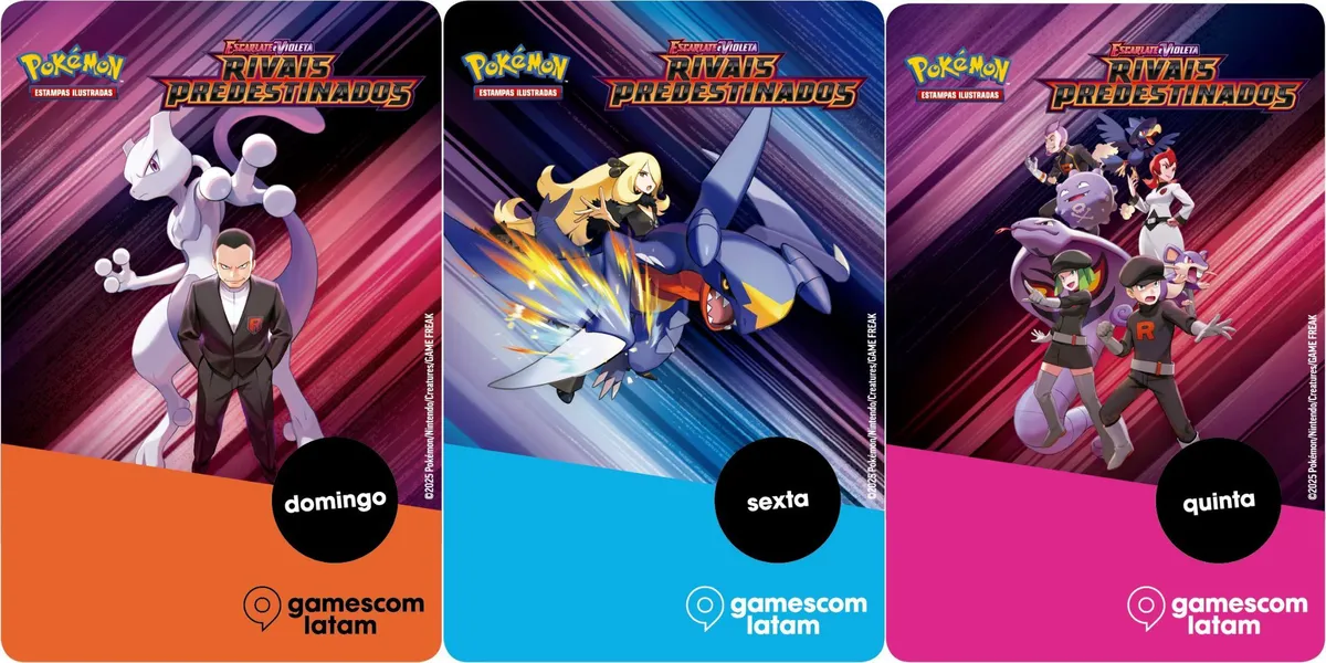 Pokemon tcg artwork for Destined Rivals on badges for Latin America Gamescom