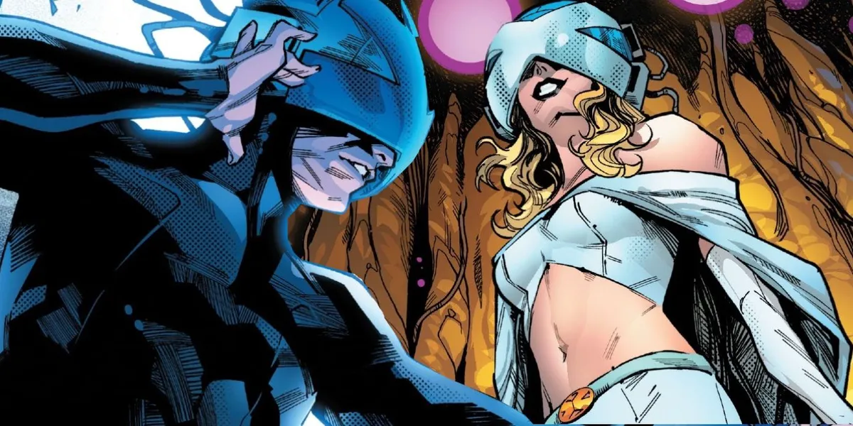Professor X with Cerebro on while Emma Frost stands beside him.