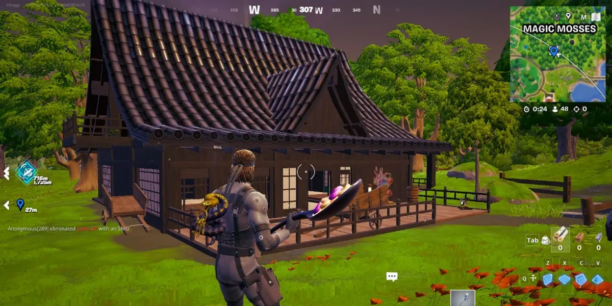 Fortnite Chapter 6 Season 2 Player In Magic Moses looking at a building.