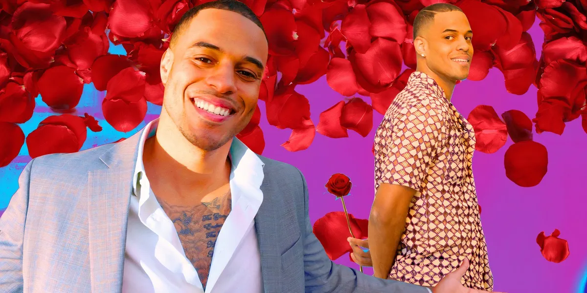 montage of The Bachelor Season 29 lead Grant Ellis with rose petals behind him