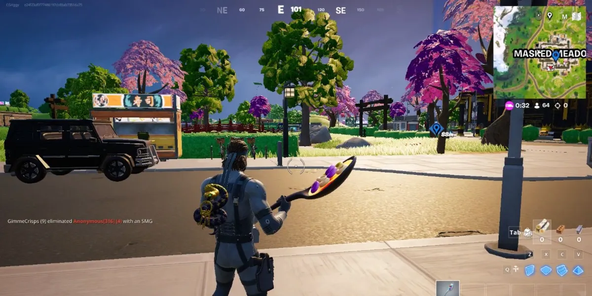 Fortnite Chapter 6 Season 2 Player In Masked Meadows looking at a building.