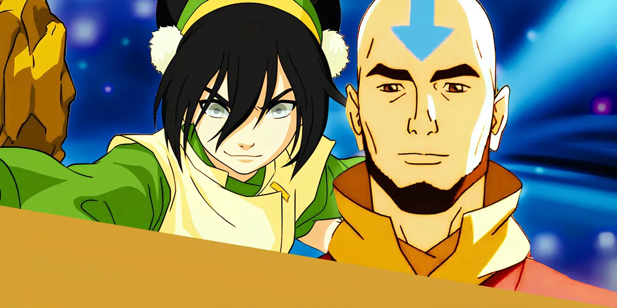 Grown up Aang in Avatar the Last Airbender Next to Young Toph