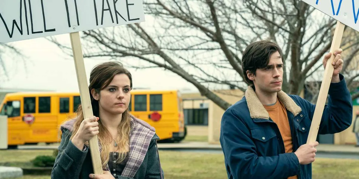 Maggie (Gabrielle Creevy) protesting alongside her brother David (Zane Pais) in Three Women.