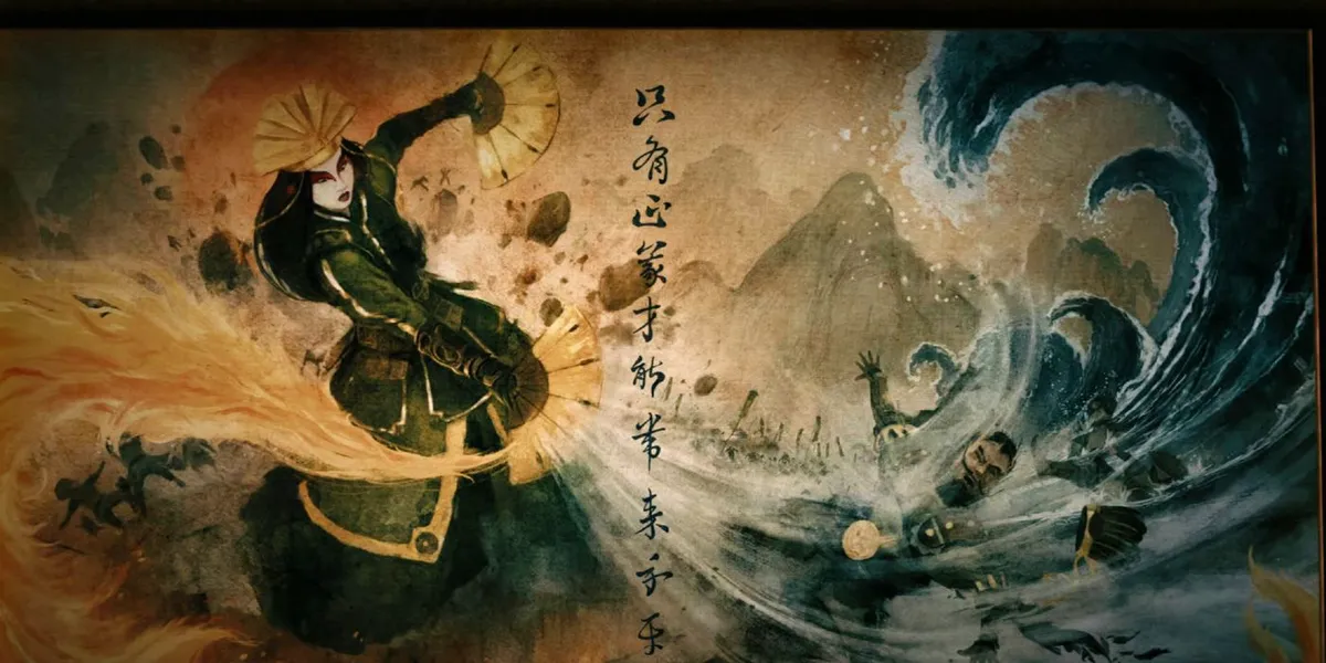 A painting depciting Kyoshi defeating Chin the Conqueror in Netflix's The Last Airbender