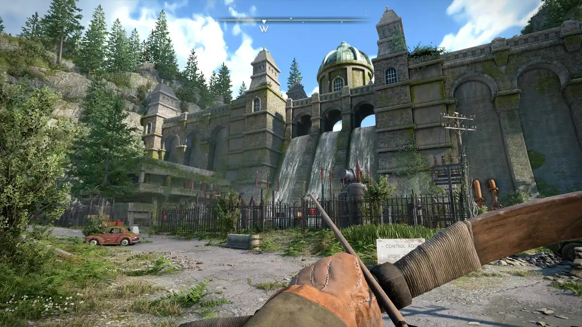Holding a bow and looking at a hydroelectric dam in Atomfall.
