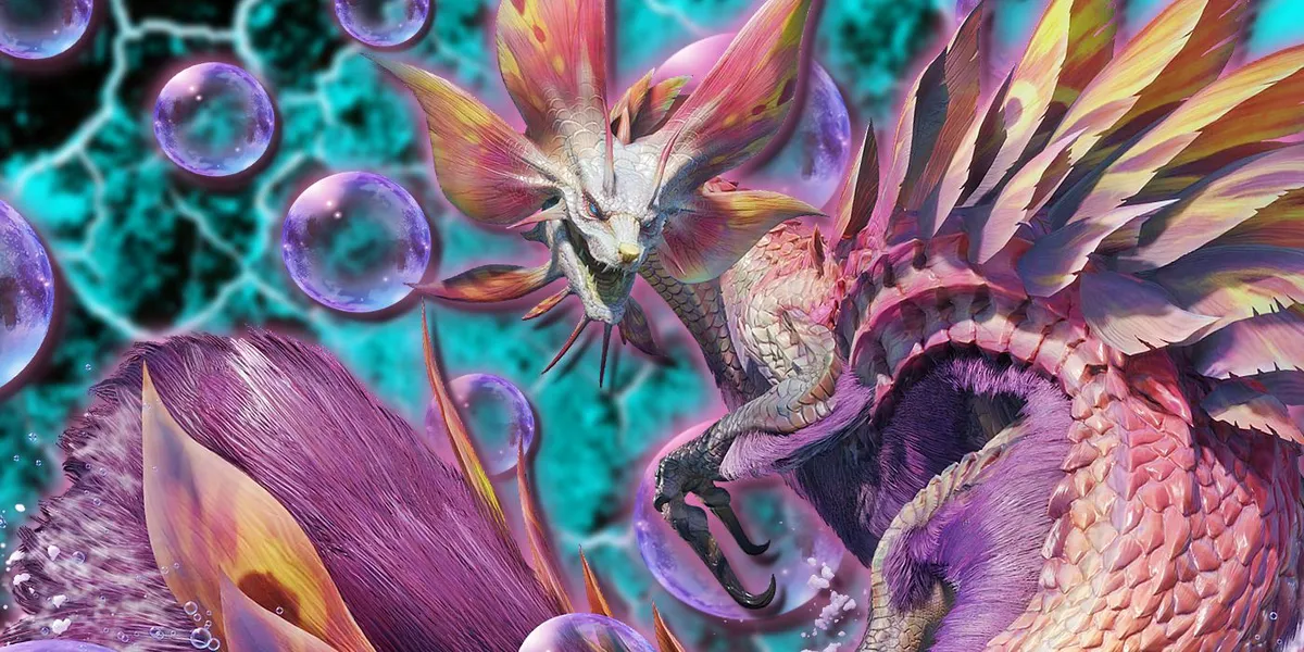 A Mizutsune from Monster Hunter roars while surrounded by bubbles. 