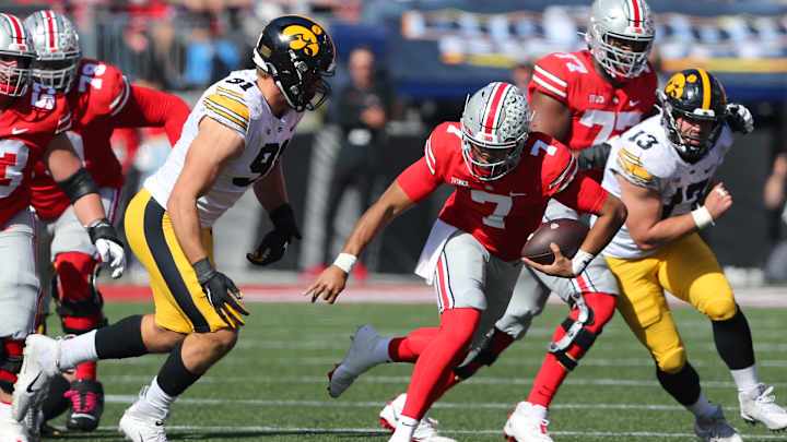 Oct 22, 2022; Columbus, Ohio, USA; Ohio State Buckeyes quarterback C.J. Stroud (7) runs during the third quarter against the Iowa Hawkeyes at Ohio Stadium Oct 22, 2022; Columbus, Ohio, USA; Ohio State Buckeyes quarterback C.J. Stroud (7) runs during the third quarter against the Iowa Hawkeyes at Ohio Stadium