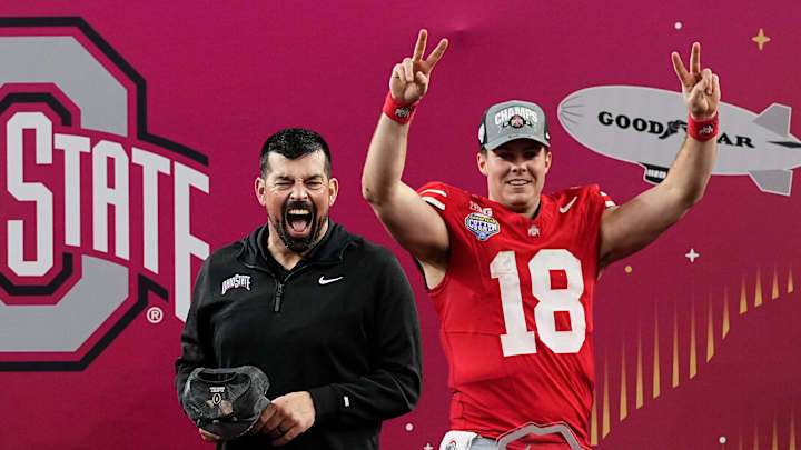 Ohio State Buckeyes head coach Ryan Day celebrates with quarterback Will Howard (18) following the 28-14 win over the Texas Longhorns in the Cotton Bowl Classic College Football Playoff semifinal game at AT&T Stadium in Arlington, Texas on Jan. 10, 2025. Ohio State Buckeyes head coach Ryan Day celebrates with quarterback Will Howard (18) following the 28-14 win over the Texas Longhorns in the Cotton Bowl Classic College Football Playoff semifinal game at AT&T Stadium in Arlington, Texas on Jan. 10, 2025.