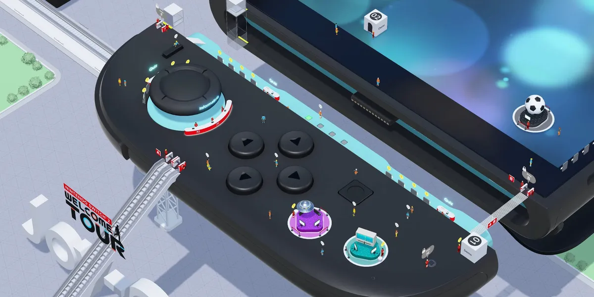 The Welcome Tour game screenshot showing tiny characters on a huge controller.