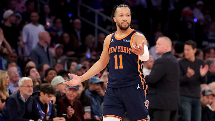 Apr 21, 2025; New York, New York, USA; New York Knicks guard Jalen Brunson (11) reacts during the second quarter of game two of the first round of the 2024 NBA Playoffs against the Detroit Pistons at Madison Square Garden. Mandatory Credit: Brad Penner-Imagn Images Apr 21, 2025; New York, New York, USA; New York Knicks guard Jalen Brunson (11) reacts during the second quarter of game two of the first round of the 2024 NBA Playoffs against the Detroit Pistons at Madison Square Garden. Mandatory Credit: Brad Penner-Imagn Images