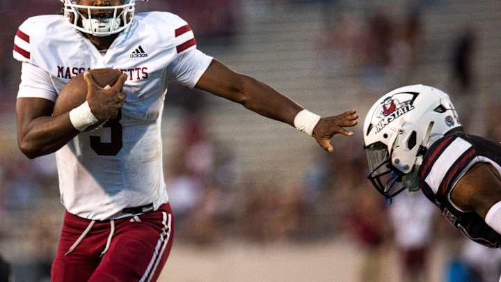 UMass quarterback Taisun Phommachanh during an Aggie football game on Saturday, August 25, 2023, at UMass quarterback Taisun Phommachanh during an Aggie football game on Saturday, August 25, 2023, at