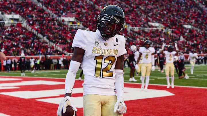 Nov 25, 2023; Salt Lake City, Utah, USA; Colorado Buffaloes athlete Travis Hunter (12) reacts after scoring a touchdown. Nov 25, 2023; Salt Lake City, Utah, USA; Colorado Buffaloes athlete Travis Hunter (12) reacts after scoring a touchdown.