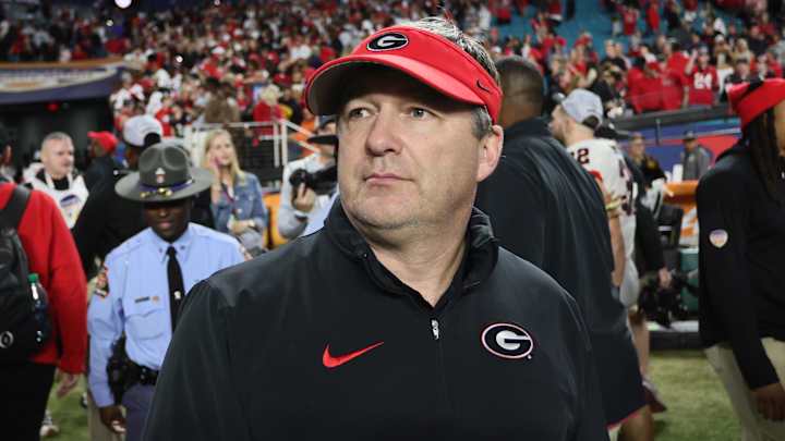 Dec 30, 2023; Miami Gardens, FL, USA; rGeorgia Bulldogs head coach Kirby Smart reacts after the 2023 Dec 30, 2023; Miami Gardens, FL, USA; rGeorgia Bulldogs head coach Kirby Smart reacts after the 2023