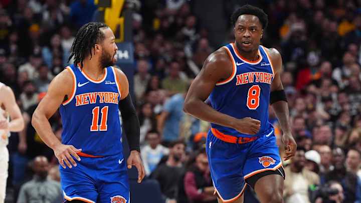 Nov 25, 2024; Denver, Colorado, USA; New York Knicks guard Jalen Brunson (11) reacts towards forward OG Anunoby (8) in the second quarter against the Denver Nuggets at Ball Arena. Mandatory Credit: Ron Chenoy-Imagn Images Nov 25, 2024; Denver, Colorado, USA; New York Knicks guard Jalen Brunson (11) reacts towards forward OG Anunoby (8) in the second quarter against the Denver Nuggets at Ball Arena. Mandatory Credit: Ron Chenoy-Imagn Images