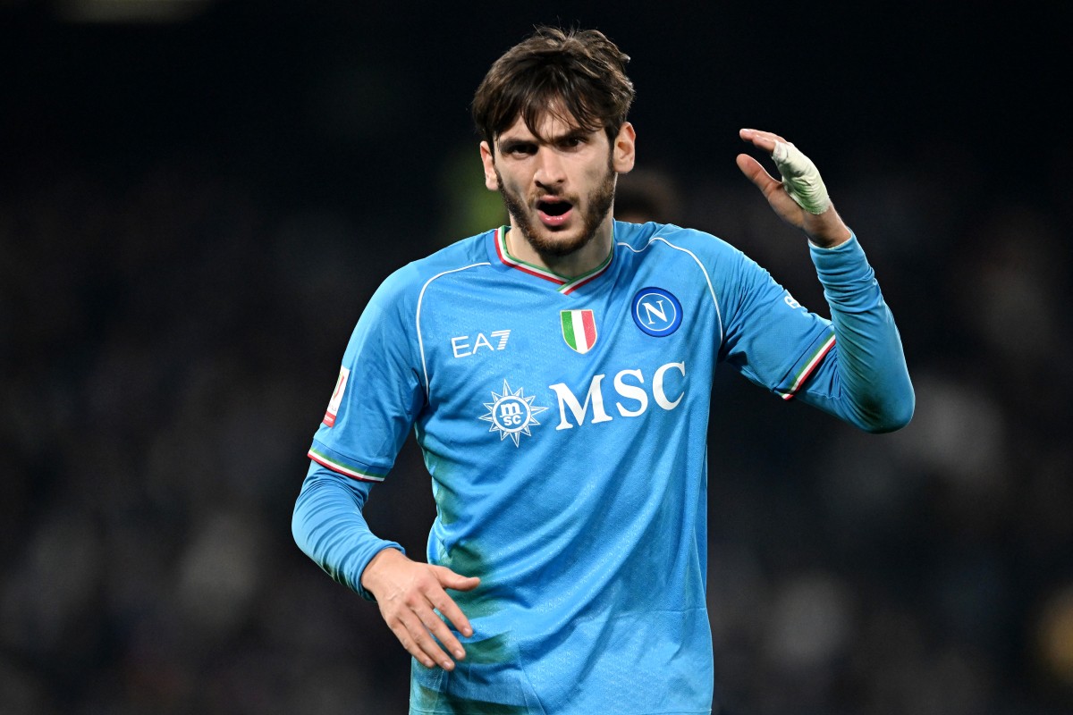 Khvicha Kvaratskhelia of SSC Napoli reacts during the Coppa Italia - Round of 16 match between SSC Napoli and Frosinone Calcio at Stadio Diego Armando Maradona on December 19, 2023 in Naples, Italy. (Photo by Francesco Pecoraro/Getty Images)