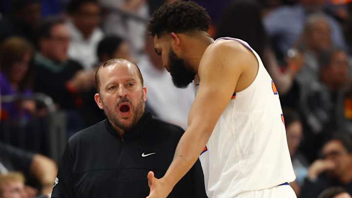 Nov 20, 2024; Phoenix, Arizona, USA; New York Knicks head coach Tom Thibodeau with center Karl-Anthony Towns (32) against the Phoenix Suns at Footprint Center. Mandatory Credit: Mark J. Rebilas-Imagn Images Nov 20, 2024; Phoenix, Arizona, USA; New York Knicks head coach Tom Thibodeau with center Karl-Anthony Towns (32) against the Phoenix Suns at Footprint Center. Mandatory Credit: Mark J. Rebilas-Imagn Images