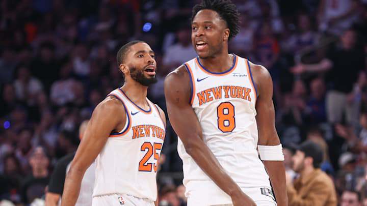 Apr 19, 2025; New York, New York, USA; New York Knicks forward OG Anunoby (8) celebrates after scoring with forward Mikal Bridges (25) in Game One of the First Round of the NBA Playoffs against the Detroit Pistons at Madison Square Garden. Mandatory Credit: Wendell Cruz-Imagn Images Apr 19, 2025; New York, New York, USA; New York Knicks forward OG Anunoby (8) celebrates after scoring with forward Mikal Bridges (25) in Game One of the First Round of the NBA Playoffs against the Detroit Pistons at Madison Square Garden. Mandatory Credit: Wendell Cruz-Imagn Images