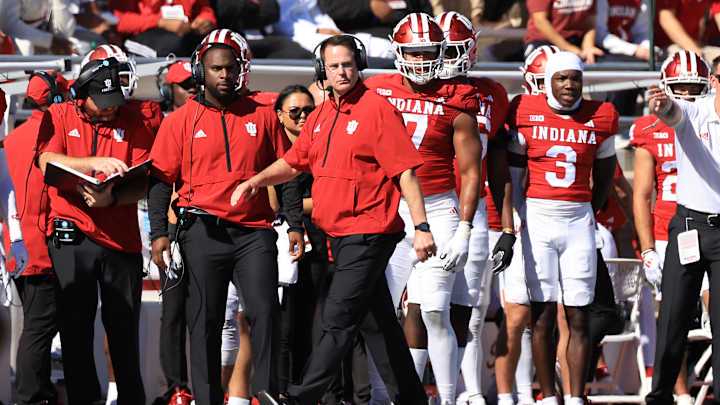 Head coach Curt Cignetti of the Indiana Hoosiers walks the sidelines against the Nebraska Cornhuskers at Memorial Stadium on October 19, 2024 in Bloomington, Indiana. Head coach Curt Cignetti of the Indiana Hoosiers walks the sidelines against the Nebraska Cornhuskers at Memorial Stadium on October 19, 2024 in Bloomington, Indiana.
