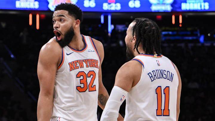 Dec 5, 2024; New York, New York, USA; New York Knicks center Karl-Anthony Towns (32) and New York Knicks guard Jalen Brunson (11) react during the second half against the Charlotte Hornets at Madison Square Garden. Mandatory Credit: John Jones-Imagn Images Dec 5, 2024; New York, New York, USA; New York Knicks center Karl-Anthony Towns (32) and New York Knicks guard Jalen Brunson (11) react during the second half against the Charlotte Hornets at Madison Square Garden. Mandatory Credit: John Jones-Imagn Images
