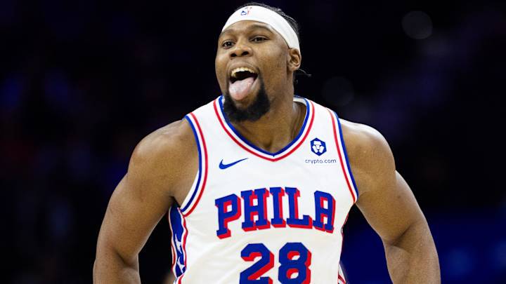 Jan 15, 2025; Philadelphia, Pennsylvania, USA; Philadelphia 76ers forward Guerschon Yabusele (28) reacts after missing a shot against the New York Knicks during the first quarter at Wells Fargo Center. Mandatory Credit: Bill Streicher-Imagn Images Jan 15, 2025; Philadelphia, Pennsylvania, USA; Philadelphia 76ers forward Guerschon Yabusele (28) reacts after missing a shot against the New York Knicks during the first quarter at Wells Fargo Center. Mandatory Credit: Bill Streicher-Imagn Images