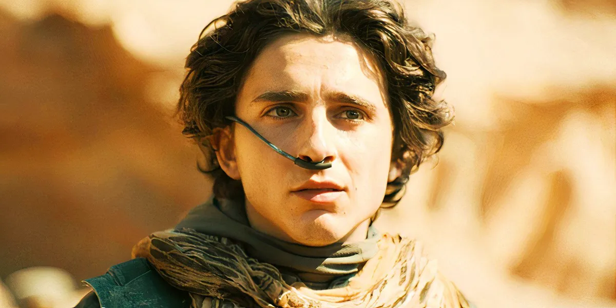 Paul Atreides standing outside looking at something in the distance with a troubled expression in Dune: Part Two