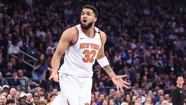 May 10, 2025; New York, New York, USA; New York Knicks center Karl-Anthony Towns (32) reacts to a no-call in the first quarter during game three of the second round for the 2025 NBA Playoffs against the Boston Celtics at Madison Square Garden. Mandatory Credit: Wendell Cruz-Imagn Images May 10, 2025; New York, New York, USA; New York Knicks center Karl-Anthony Towns (32) reacts to a no-call in the first quarter during game three of the second round for the 2025 NBA Playoffs against the Boston Celtics at Madison Square Garden. Mandatory Credit: Wendell Cruz-Imagn Images