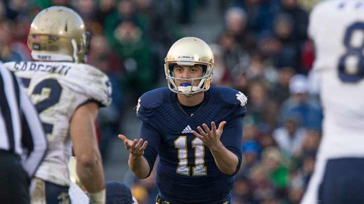 Notre Dame QB Tommy Rees reacts after an official's whistle stops the game before a snap during the Notre Dame vs. Navy football game on Saturday, Nov. 2, 2013, at Notre Dame Stadium in South Bend. SBT Photo/ROBERT FRANKLIN via FTP Notre Dame Vs Navy Notre Dame QB Tommy Rees reacts after an official's whistle stops the game before a snap during the Notre Dame vs. Navy football game on Saturday, Nov. 2, 2013, at Notre Dame Stadium in South Bend. SBT Photo/ROBERT FRANKLIN via FTP Notre Dame Vs Navy