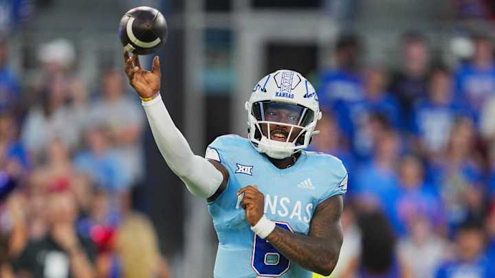 Aug 29, 2024; Kansas City, Kansas, USA; Kansas Jayhawks quarterback Jalon Daniels (6) throws a pass during the first half against the Lindenwood Lions at Children's Mercy Park. Mandatory Credit: Jay Biggerstaff-Imagn Images Aug 29, 2024; Kansas City, Kansas, USA; Kansas Jayhawks quarterback Jalon Daniels (6) throws a pass during the first half against the Lindenwood Lions at Children's Mercy Park. Mandatory Credit: Jay Biggerstaff-Imagn Images