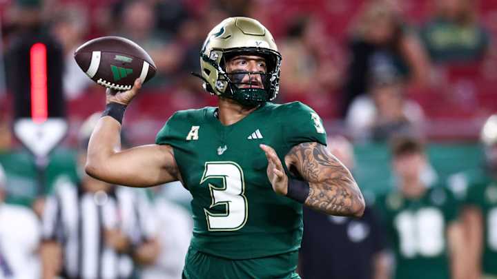 Sep 21, 2024; Tampa, Florida, USA; South Florida Bulls quarterback Bryce Archie (3) drops back to pass against the Miami Hurricanes in the fourth quarter at Raymond James Stadium. Mandatory Credit: Nathan Ray Seebeck-Imagn Images Sep 21, 2024; Tampa, Florida, USA; South Florida Bulls quarterback Bryce Archie (3) drops back to pass against the Miami Hurricanes in the fourth quarter at Raymond James Stadium. Mandatory Credit: Nathan Ray Seebeck-Imagn Images