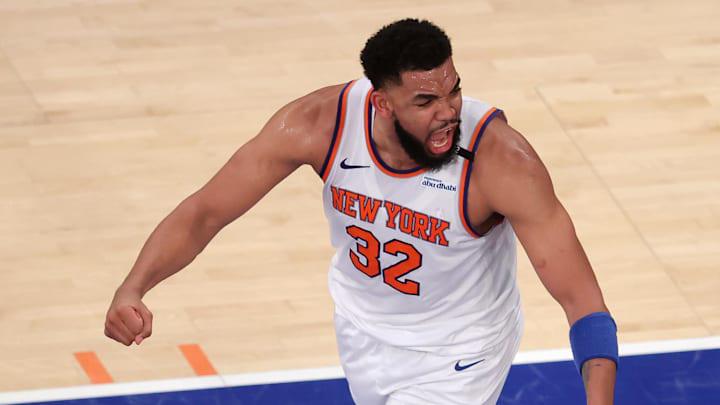 May 29, 2025; New York, New York, USA; New York Knicks center Karl-Anthony Towns (32) reacts during the second quarter of game five of the eastern conference finals against the Indiana Pacers during the 2025 NBA Playoffs at Madison Square Garden. Mandatory Credit: Brad Penner-Imagn Images May 29, 2025; New York, New York, USA; New York Knicks center Karl-Anthony Towns (32) reacts during the second quarter of game five of the eastern conference finals against the Indiana Pacers during the 2025 NBA Playoffs at Madison Square Garden. Mandatory Credit: Brad Penner-Imagn Images