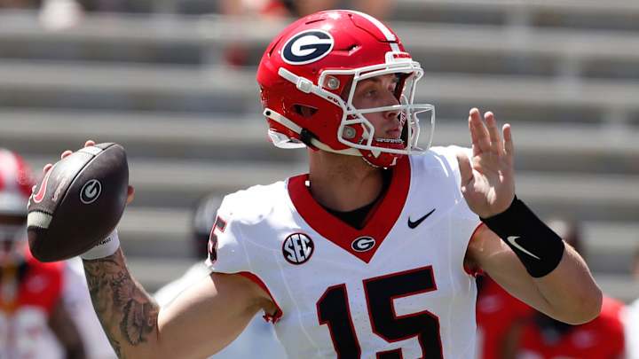 Georgia quarterback Carson Beck (15) throws a pass during the G-Day spring football game in Athens, Ga., on Saturday, April 13, 2024. Georgia quarterback Carson Beck (15) throws a pass during the G-Day spring football game in Athens, Ga., on Saturday, April 13, 2024.