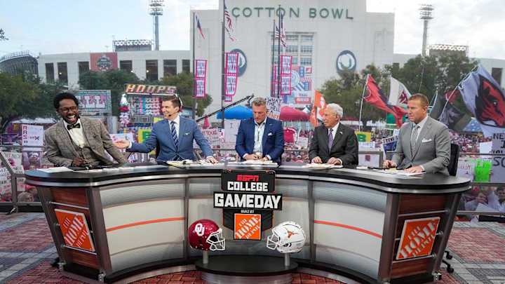 The Hosts of College Gameday during their show early morning before the NCAA college football game between Texas Longhorns Oklahoma Sooners at the Cotton Bowl on Saturday, Oct. 7, 2023 in Dallas, Texas. This game makes up the119th rivalry match up. The Hosts of College Gameday during their show early morning before the NCAA college football game between Texas Longhorns Oklahoma Sooners at the Cotton Bowl on Saturday, Oct. 7, 2023 in Dallas, Texas. This game makes up the119th rivalry match up.