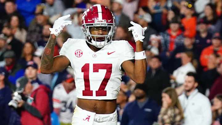 Nov 25, 2023; Auburn, Alabama, USA; Alabama Crimson Tide wide receiver Isaiah Bond (17) celebrates Nov 25, 2023; Auburn, Alabama, USA; Alabama Crimson Tide wide receiver Isaiah Bond (17) celebrates