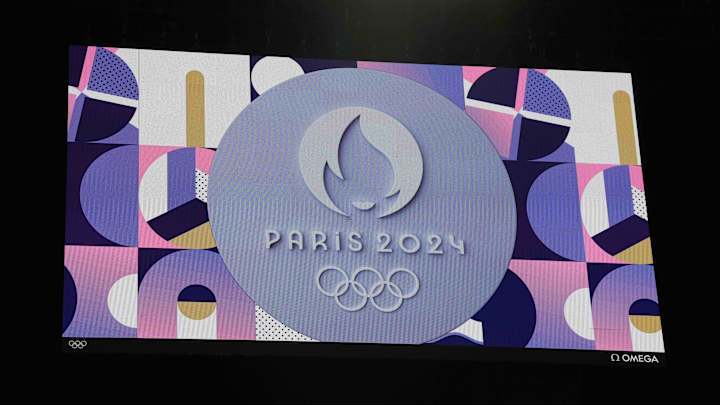 Jul 27, 2024; Paris, France; The Paris 2024 Olympics logo is displayed on a video board. Jul 27, 2024; Paris, France; The Paris 2024 Olympics logo is displayed on a video board.