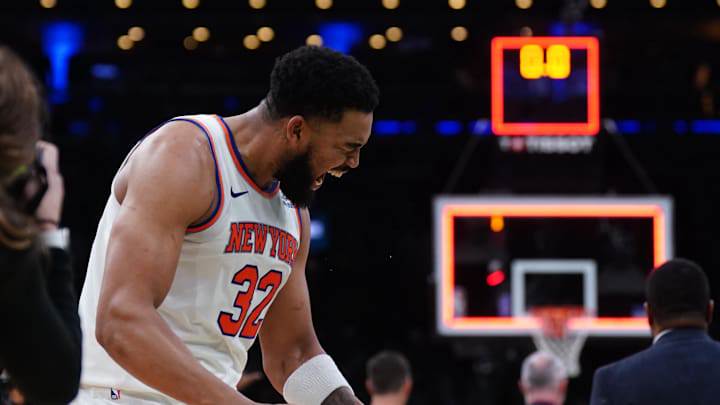 May 7, 2025; Boston, Massachusetts, USA; New York Knicks center Karl-Anthony Towns (32) reacts after defeating the Boston Celtics in game two of the second round for the 2025 NBA Playoffs at TD Garden. Mandatory Credit: David Butler II-Imagn Images May 7, 2025; Boston, Massachusetts, USA; New York Knicks center Karl-Anthony Towns (32) reacts after defeating the Boston Celtics in game two of the second round for the 2025 NBA Playoffs at TD Garden. Mandatory Credit: David Butler II-Imagn Images
