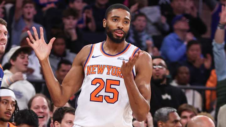 Dec 25, 2024; New York, New York, USA; New York Knicks forward Mikal Bridges (25) reacts after hitting a three point shot in the fourth quarter against the San Antonio Spurs at Madison Square Garden. Mandatory Credit: Wendell Cruz-Imagn Images Dec 25, 2024; New York, New York, USA; New York Knicks forward Mikal Bridges (25) reacts after hitting a three point shot in the fourth quarter against the San Antonio Spurs at Madison Square Garden. Mandatory Credit: Wendell Cruz-Imagn Images