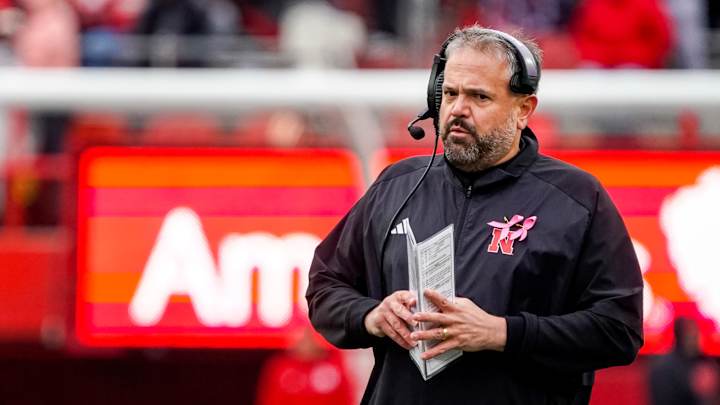 Oct 28, 2023; Lincoln, Nebraska, USA; Nebraska Cornhuskers head coach Matt Rhule stands on the Oct 28, 2023; Lincoln, Nebraska, USA; Nebraska Cornhuskers head coach Matt Rhule stands on the