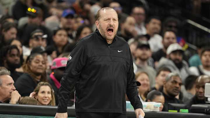 Mar 19, 2025; San Antonio, Texas, USA; New York Knicks head coach Tom Thibodeau yells out to players during the first half against the San Antonio Spurs at Frost Bank Center. Mandatory Credit: Scott Wachter-Imagn Images Mar 19, 2025; San Antonio, Texas, USA; New York Knicks head coach Tom Thibodeau yells out to players during the first half against the San Antonio Spurs at Frost Bank Center. Mandatory Credit: Scott Wachter-Imagn Images