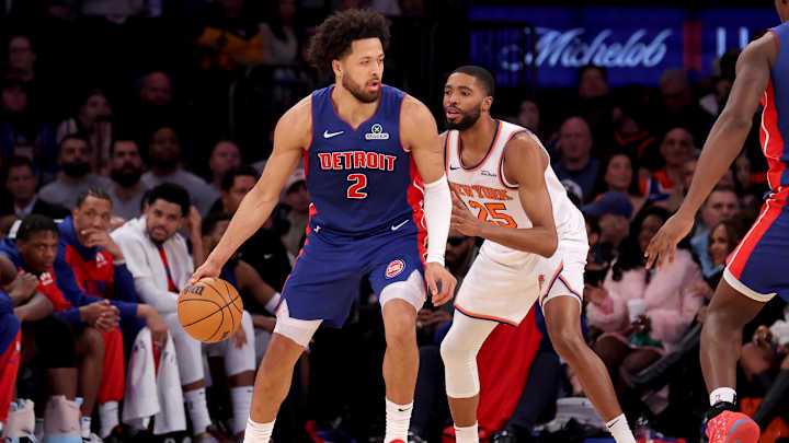 Jan 13, 2025; New York, New York, USA; Detroit Pistons guard Cade Cunningham (2) controls the ball against New York Knicks forward Mikal Bridges (25) during the second quarter at Madison Square Garden. Mandatory Credit: Brad Penner-Imagn Images Jan 13, 2025; New York, New York, USA; Detroit Pistons guard Cade Cunningham (2) controls the ball against New York Knicks forward Mikal Bridges (25) during the second quarter at Madison Square Garden. Mandatory Credit: Brad Penner-Imagn Images