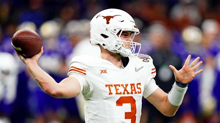 Jan 1, 2024; New Orleans, LA, USA; Texas Longhorns quarterback Quinn Ewers (3) throws a pass during the fourth quarter against the Washington Huskies in the 2024 Sugar Bowl college football playoff semifinal game at Caesars Superdome. Mandatory Credit: John David Mercer-USA TODAY Sports Jan 1, 2024; New Orleans, LA, USA; Texas Longhorns quarterback Quinn Ewers (3) throws a pass during the fourth quarter against the Washington Huskies in the 2024 Sugar Bowl college football playoff semifinal game at Caesars Superdome. Mandatory Credit: John David Mercer-USA TODAY Sports