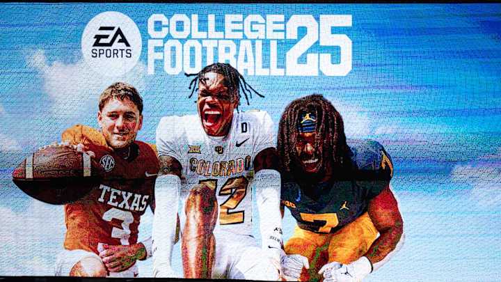 A commercial for the College Football 25 video game, featuring Texas Football quarterback Quinn Ewers plays during the fifth inning of the Longhorns' baseball game against the Kansas Jayhawks, Thursday, May 16, 2024 at UFCU Disch-Falk Field in Austin. A commercial for the College Football 25 video game, featuring Texas Football quarterback Quinn Ewers plays during the fifth inning of the Longhorns' baseball game against the Kansas Jayhawks, Thursday, May 16, 2024 at UFCU Disch-Falk Field in Austin.