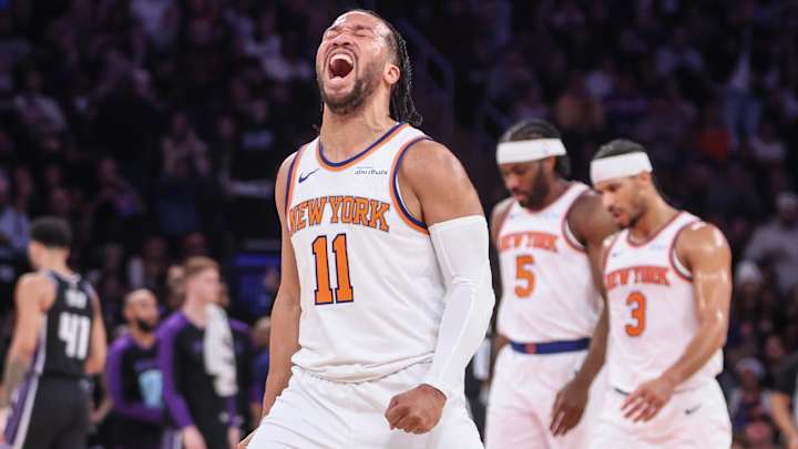 Jan 25, 2025; New York, New York, USA; New York Knicks guard Jalen Brunson (11) celebrates during a timeout called by the Sacramento Kings in the third quarter at Madison Square Garden. Mandatory Credit: Wendell Cruz-Imagn Images Jan 25, 2025; New York, New York, USA; New York Knicks guard Jalen Brunson (11) celebrates during a timeout called by the Sacramento Kings in the third quarter at Madison Square Garden. Mandatory Credit: Wendell Cruz-Imagn Images