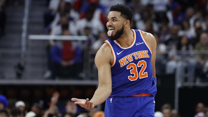 Apr 24, 2025; Detroit, Michigan, USA; New York Knicks center Karl-Anthony Towns (32) celebrates a three point basket in the first half against the Detroit Pistons during game three of first round for the 2024 NBA Playoffs at Little Caesars Arena. Mandatory Credit: Rick Osentoski-Imagn Images Apr 24, 2025; Detroit, Michigan, USA; New York Knicks center Karl-Anthony Towns (32) celebrates a three point basket in the first half against the Detroit Pistons during game three of first round for the 2024 NBA Playoffs at Little Caesars Arena. Mandatory Credit: Rick Osentoski-Imagn Images