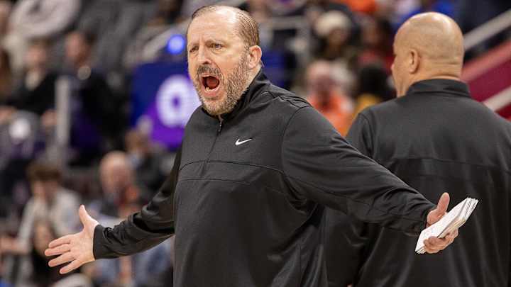 Apr 10, 2025; Detroit, Michigan, USA; New York Knicks Tom Thibodeau Head Coach reacts to a play against the Detroit Pistons during the first half at Little Caesars Arena. Mandatory Credit: David Reginek-Imagn Images Apr 10, 2025; Detroit, Michigan, USA; New York Knicks Tom Thibodeau Head Coach reacts to a play against the Detroit Pistons during the first half at Little Caesars Arena. Mandatory Credit: David Reginek-Imagn Images