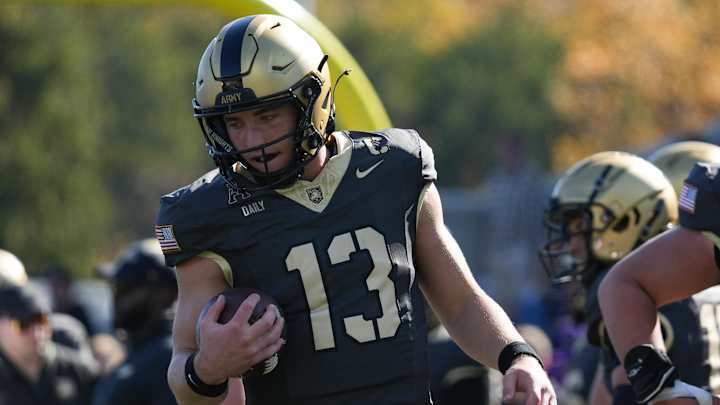 Oct 19, 2024; West Point, New York, USA; Army Black Knights quarterback Bryson Daily (13) warms up before the game against the East Carolina Pirates at Michie Stadium. Oct 19, 2024; West Point, New York, USA; Army Black Knights quarterback Bryson Daily (13) warms up before the game against the East Carolina Pirates at Michie Stadium.