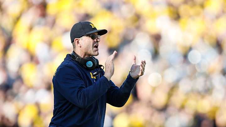 Michigan coach Jim Harbaugh reacts to a play against Alabama during the first half of the Rose Bowl. Michigan coach Jim Harbaugh reacts to a play against Alabama during the first half of the Rose Bowl.
