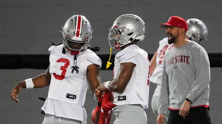 Mar 7, 2024; Columbus, OH, USA; Ohio State Buckeyes safety Ja'Had Carter (3) talks to safety Caleb Downs (2) during spring football practice at the Woody Hayes Athletic Center. Mar 7, 2024; Columbus, OH, USA; Ohio State Buckeyes safety Ja'Had Carter (3) talks to safety Caleb Downs (2) during spring football practice at the Woody Hayes Athletic Center.