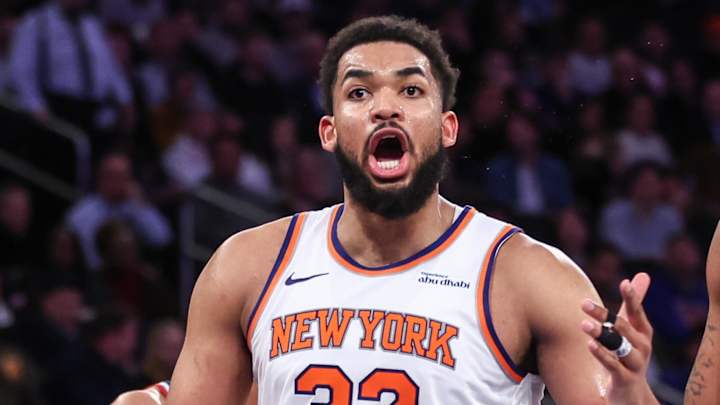 Mar 26, 2025; New York, New York, USA; New York Knicks center Karl-Anthony Towns (32) argues over a call in the fourth quarter against the LA Clippers at Madison Square Garden. Mandatory Credit: Wendell Cruz-Imagn Images Mar 26, 2025; New York, New York, USA; New York Knicks center Karl-Anthony Towns (32) argues over a call in the fourth quarter against the LA Clippers at Madison Square Garden. Mandatory Credit: Wendell Cruz-Imagn Images