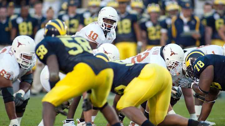 Jan 1, 2005; Pasadena, CA, USA; Texas Longhorns quarterback Vince Young (10) vs. Michigan Wolverines. Jan 1, 2005; Pasadena, CA, USA; Texas Longhorns quarterback Vince Young (10) vs. Michigan Wolverines.