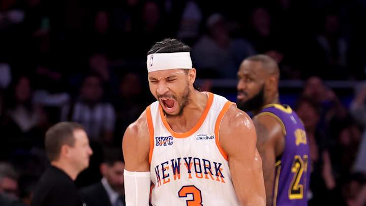 Feb 1, 2025; New York, New York, USA; New York Knicks guard Josh Hart (3) reacts during the third quarter against the Los Angeles Lakers at Madison Square Garden. Mandatory Credit: Brad Penner-Imagn Images Feb 1, 2025; New York, New York, USA; New York Knicks guard Josh Hart (3) reacts during the third quarter against the Los Angeles Lakers at Madison Square Garden. Mandatory Credit: Brad Penner-Imagn Images